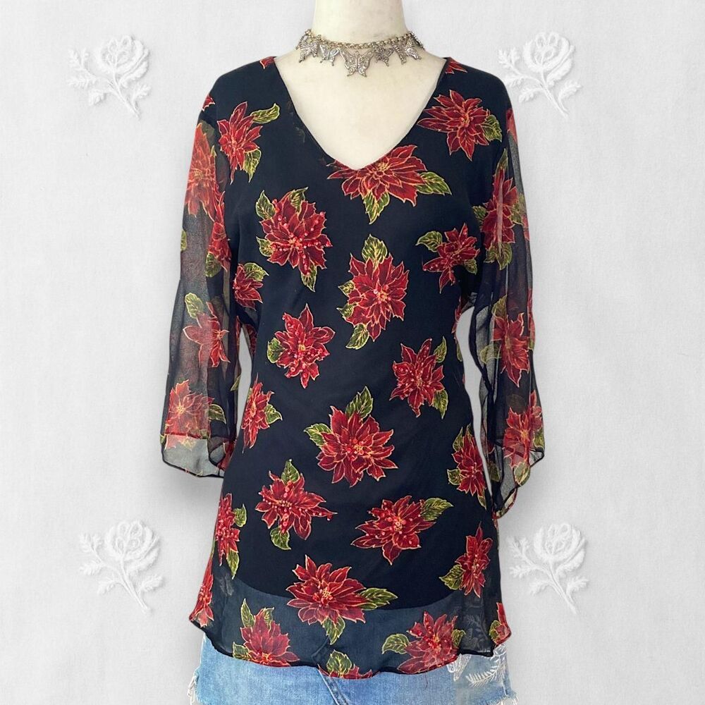 Witchy Whimsygoth Black Red Beaded Sheer Mesh 3/4 Sleeve Blouse XL Petite